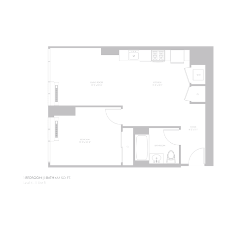Floor plan for 1 bed, 1 bath, 688 sqft
